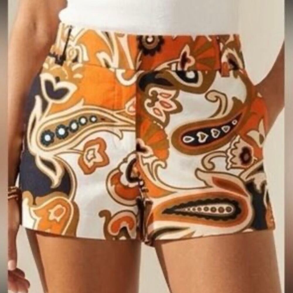 J.Crew Stretch Shorts Paisley Print Orange Brown Mid Rise Women’s Size 6 Retro - Picture 2 of 7